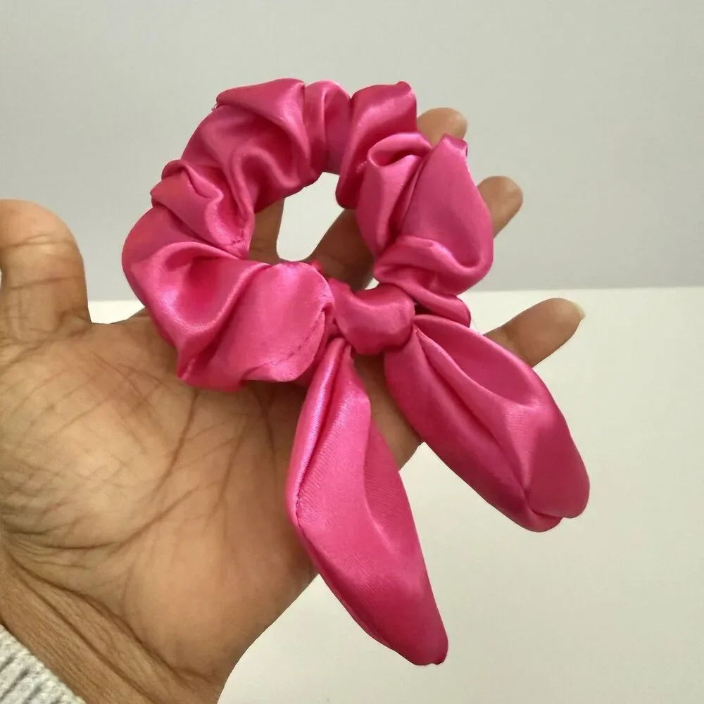 Luxury Hot Pink Satin Bow Scrunchie Handmade – Statement Hair Accessory - Picture 3 of 16